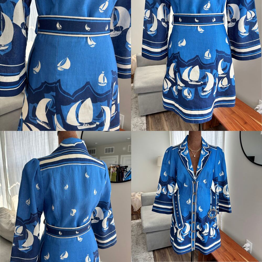 Zimmermann High Tide Linen Mini Dress Blue Sailboat Belted Size 0 Style 5751DHIG - Picture 8 of 16